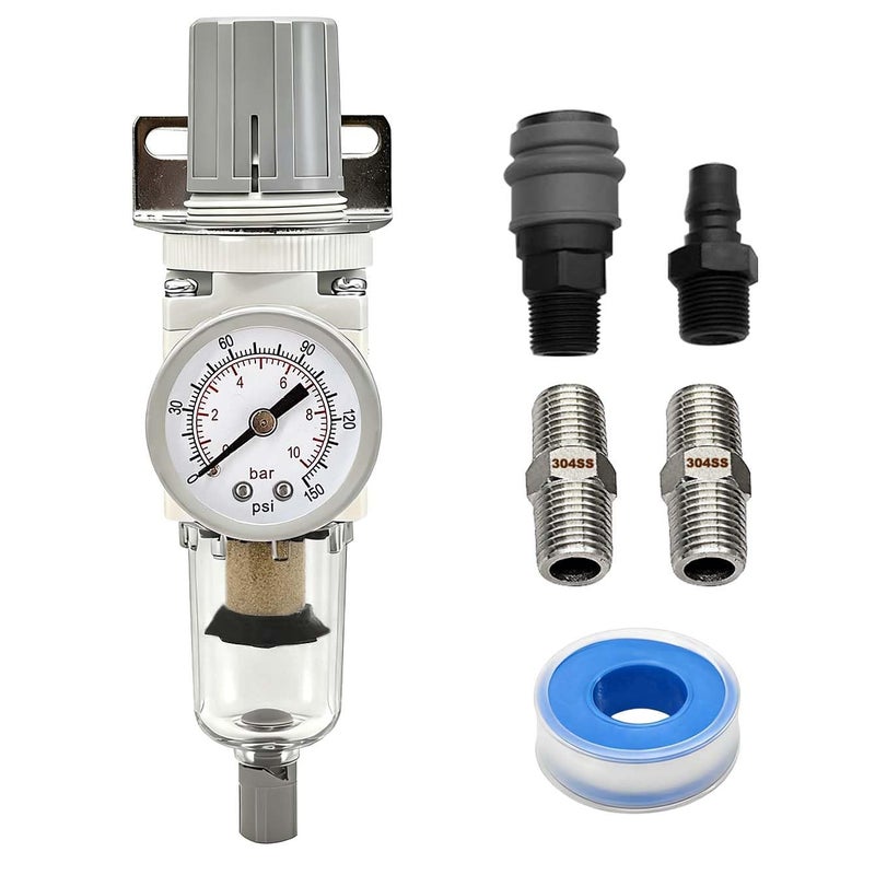 YSIL 1/4” NPT Compressed Air Filter Regulator Combo Piggyback,5 Micron Brass Element Semi-Auto Drain Water Oil Separator with 0-150 PSI Pressure Gauge,Metal Bracket AW2000-02 - Image 1